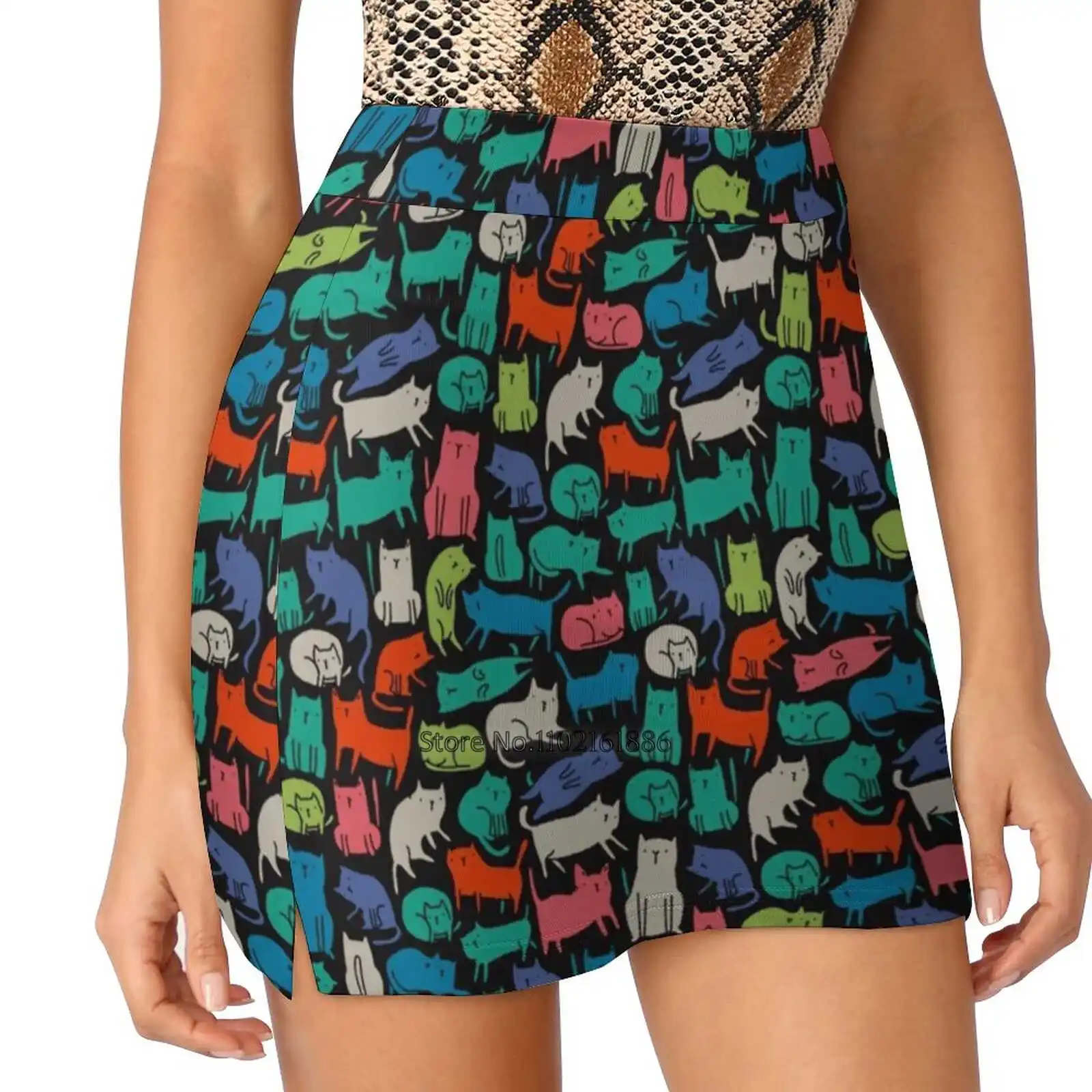 Cool Cats. Funny Cute Colorful Pet Design. New Women Skirts Double-Layer Printed Short Dress Mini Sport Skirt Abstract Adorable