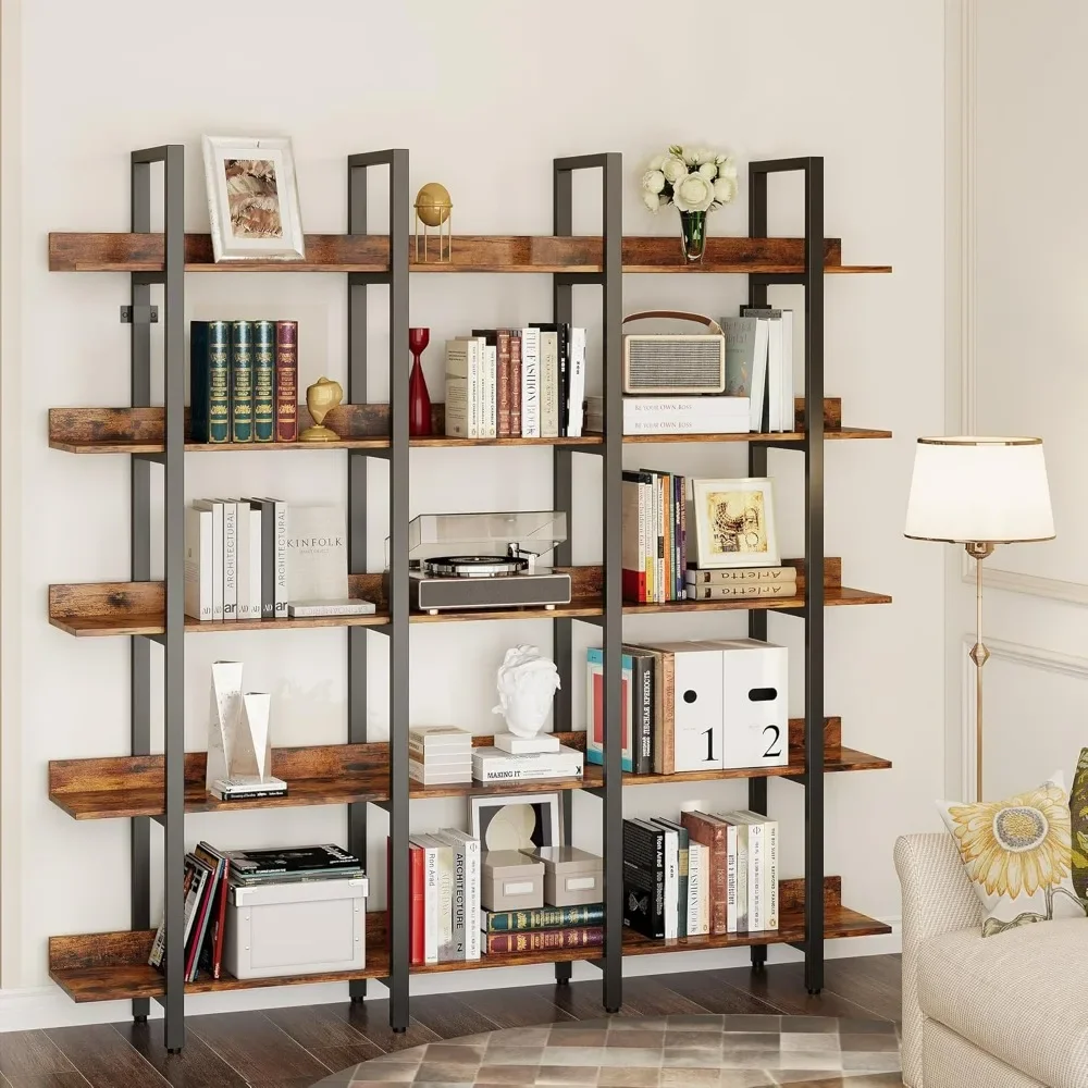 Bookcase and Bookshelves, Triple Wide 5 Tiers Large Open Shelves, Etagere Bookcases with Back Fence for Home Decor, Bookshelf