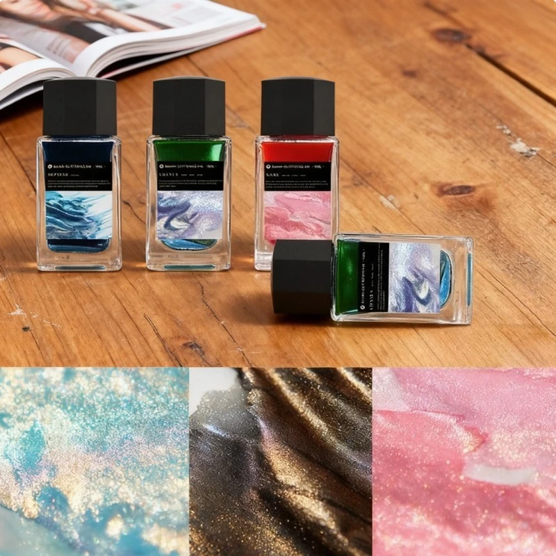 18ml Glitter Color Fountain Pen Ink Rich Bright Color Strong Liquidity for Art Calligraphy Illustration Creation DIY Handbook