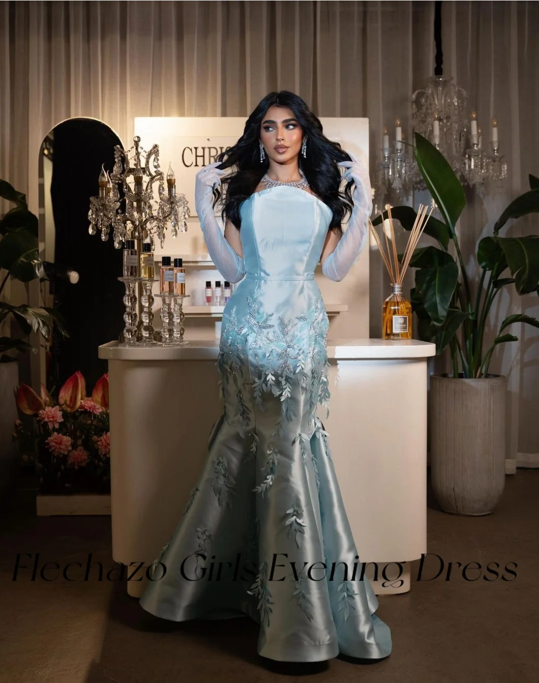 Flechazo Sky Blue Satin Prom Dresses Strapless Applique Bead Mermaid Celebrity Elegant Party Gown For Women 2024 robes de soirée