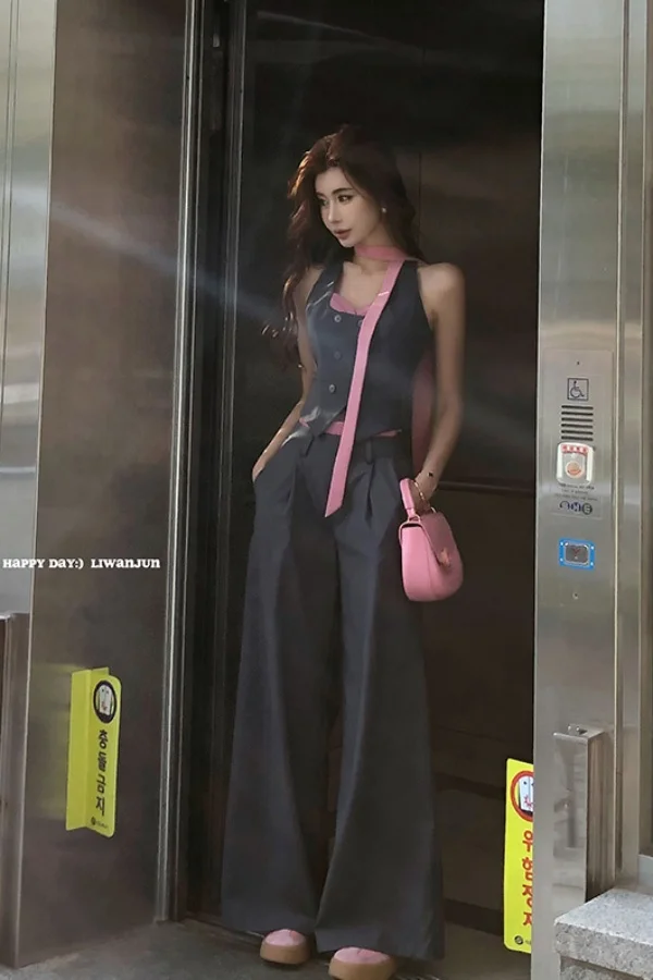

2025 Summer Miu Style Vest Set Y2K Cropped Top & Pants Women's Sexy Chic Two Piece Outfit Streetwear Hot Girl Summer Suit Trendy