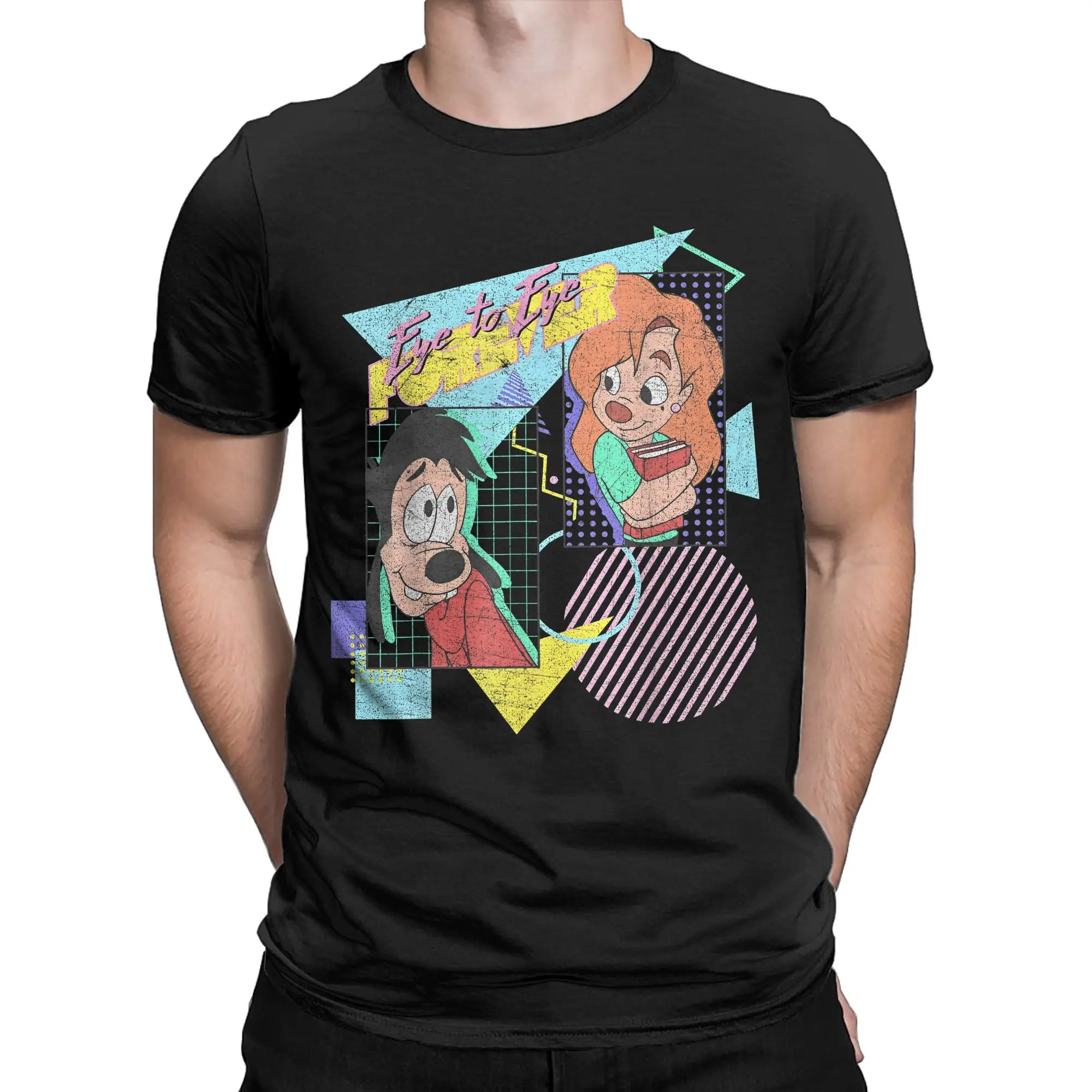 A Goofy Movie Max & Roxanne T-Shirts for Men Crewneck Pure Cotton T Shirt Eye To Eye Forever Short Sleeve Tees Adult Clothing