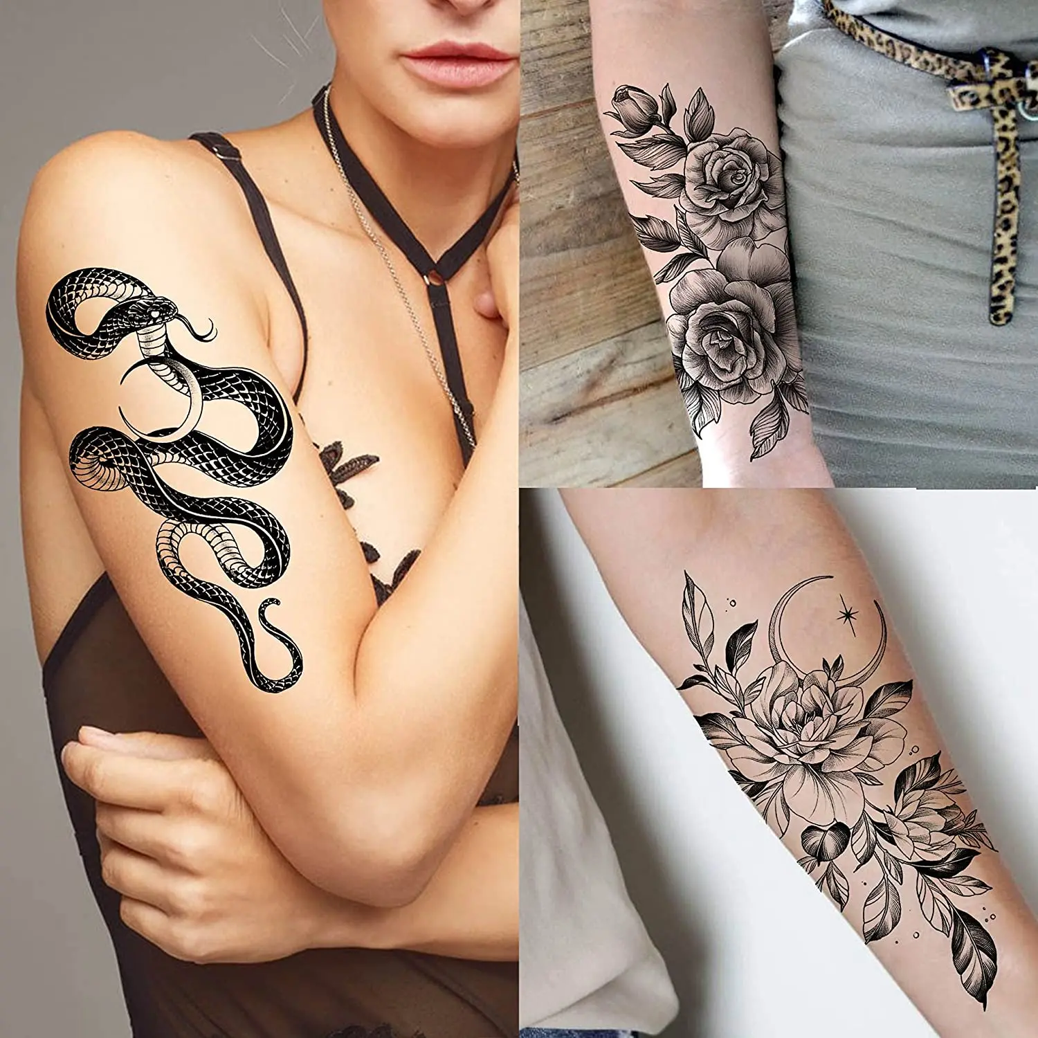 10 Sheets Realistic Flower Temporary Tattoos For Women Arm Fake Jellyfish Tattoo Black 3D Peony Rose Snake Tatoos Long Lasting