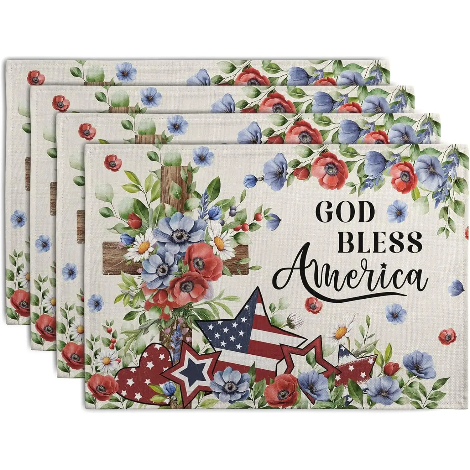Placemats Set of 4 Patriotic Floral Cross Stars Independence Memorial Day Place Mats 12x18 Inch God Bless America Linen Fabric