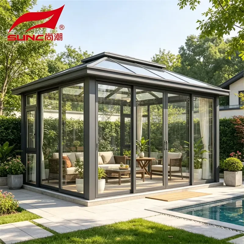Modern Dark Gray Aluminum Sunroom with Full Glass Walls and Pyramid Skylight Roof All Weather Enclosed Pavilion Custom Size