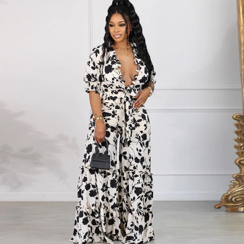 Floral Print Pant Sets Womens 2 Piece Outfits Summer Boho Vacation Lace-Up Shirt Blouse and Wide Leg Pants Elegant Matching Sets