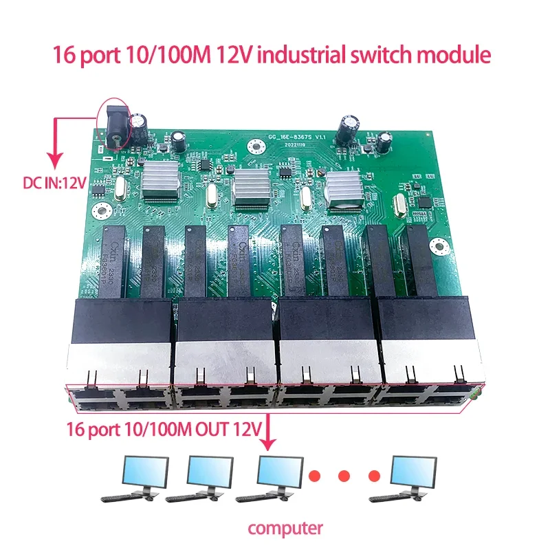 

16 портов 10/100M dc in 12V промышленный модуль коммутатора ethernet для школы, торгового центра, промышленной зоны, торгового центра