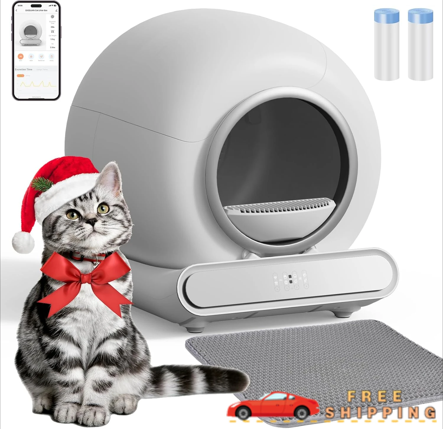 Smart Automatic Cat Litter Box W/ Safety Protection/65L+9L Large Capacity/APP Control/Anti-Pinch for Multiple Cats - Light Gray