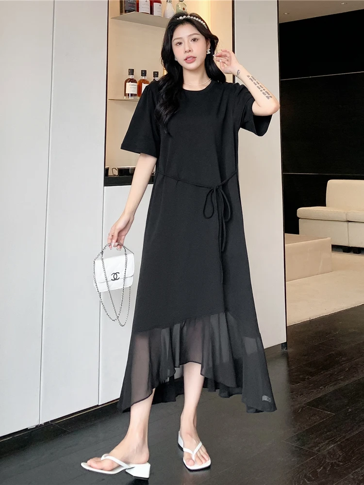 NYFS 2024 Summer New Korea Woman Dress Vestidos Robe Elbise Loose Plus Size Short Sleeve Fish Tail Long Dresses