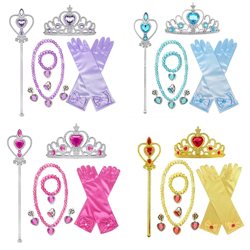 Girls Elsa Belle Princess Accessory Halloween Cosplay Fancy Dress Up Bow Gloves Crown Wand Neacklace Bracelet Set Birthday Gifts