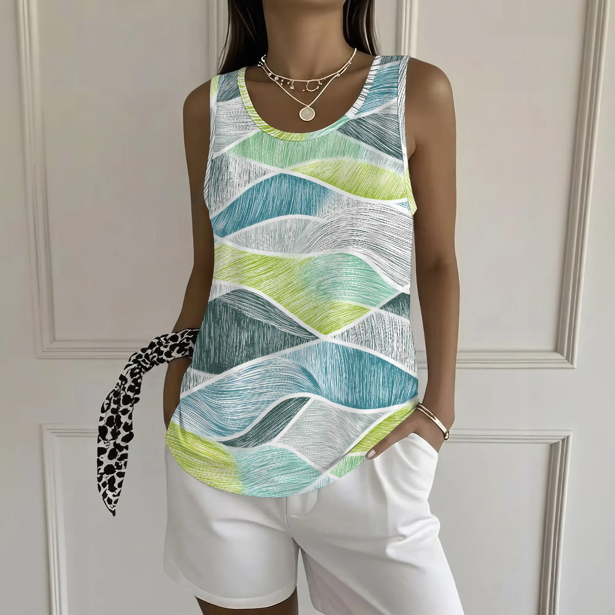 Abstract Wave Print Tank Top, Green Blue White Sleeveless Shirt, Casual Loose Fit Summer Blouse, S-2XL