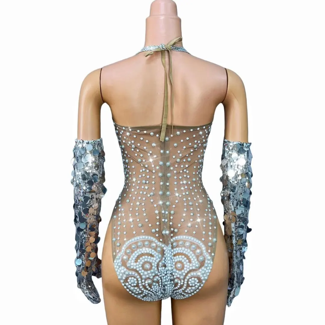 セクシーなヌードメッシュ光沢のあるパールスパンコール包帯ボディスーツ女性パーティーファッションショー衣装歌手ダンサーパフォーマンスステージ着用
