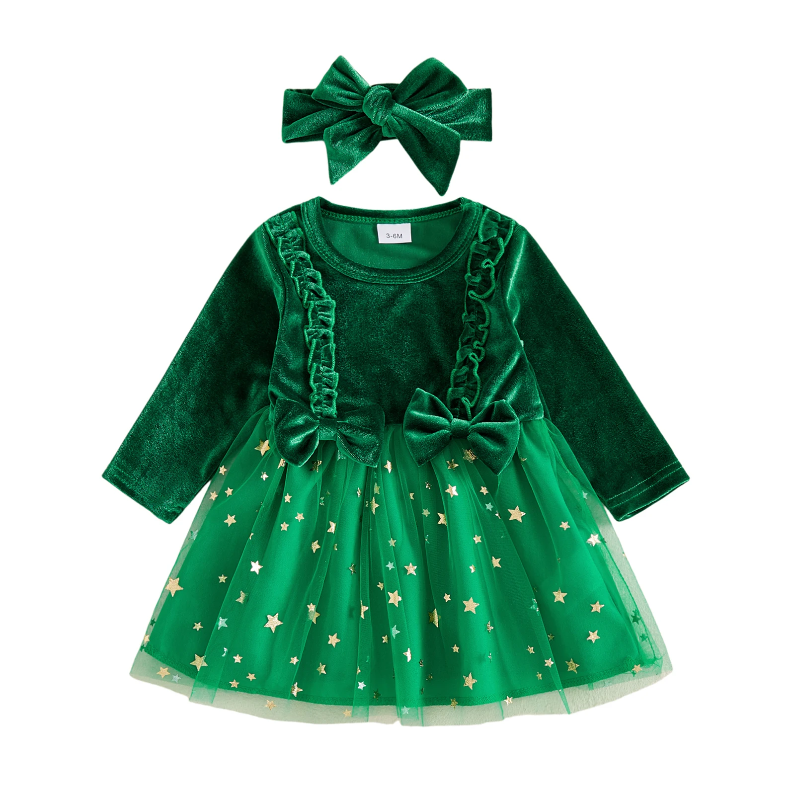 Baby Girl Christmas Dress Star Print Long Sleeves Dress with Bow Headband