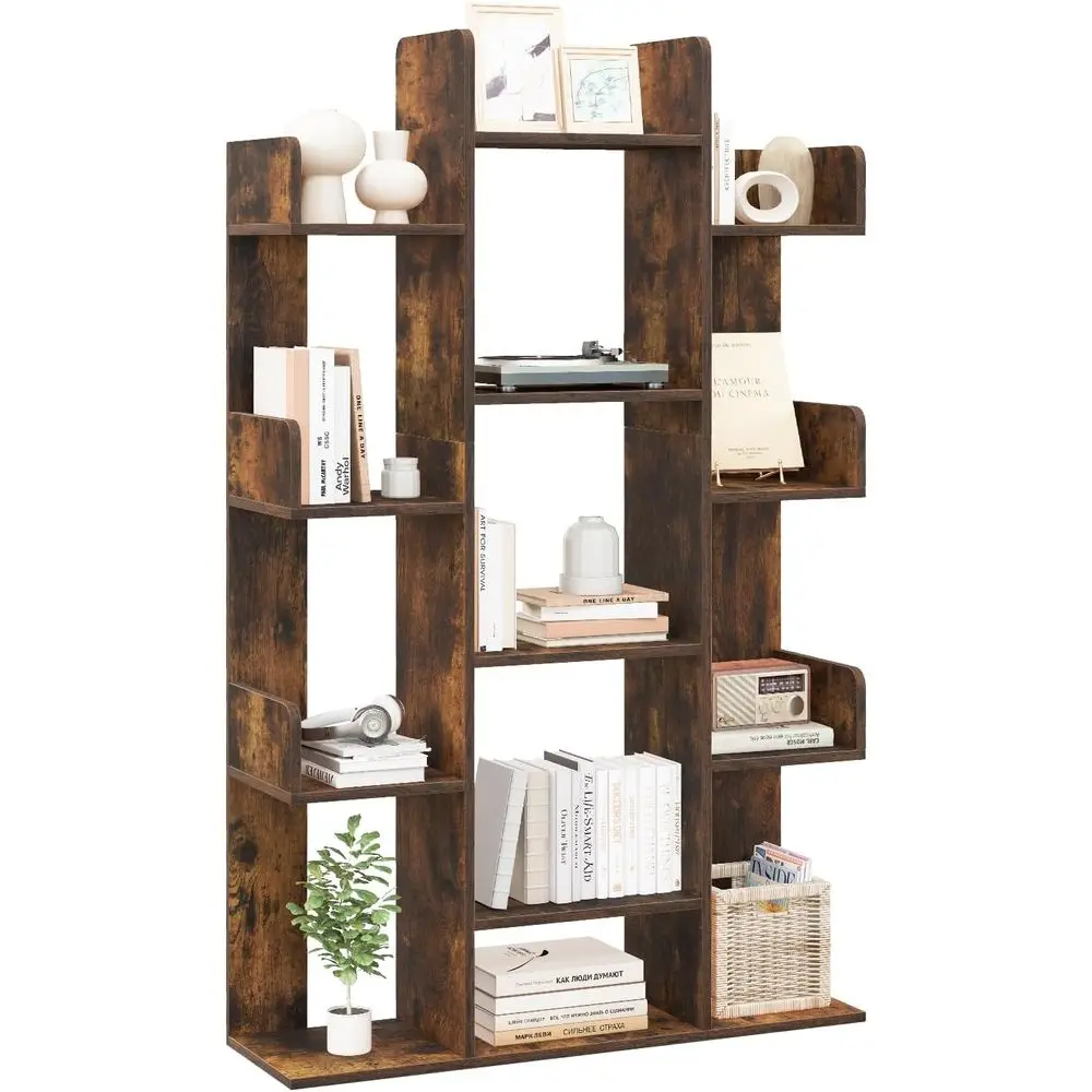 13-Tier Open Shelf Bookcase, Rustic Brown, for Living Room, Study, or Office, 34 x 9.5 x 55.5