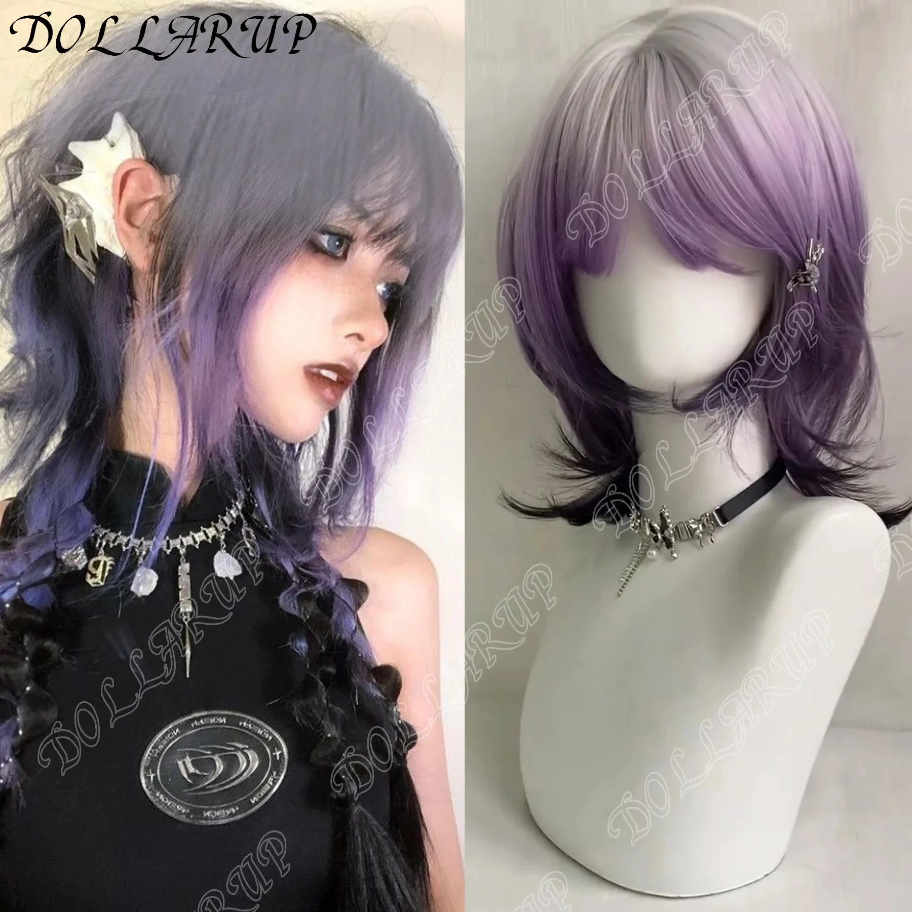 

LM Synthetic Gradient Purple Black Medium Straight Jellyfish Wig with Bangs Natural Layered Wig Suitable for Women Daily Party