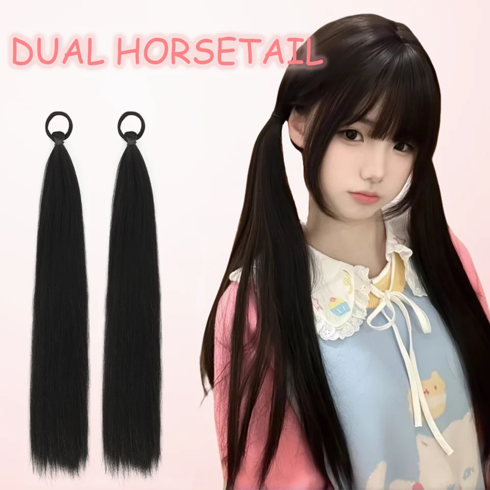 LUPU 2 Pack Synthetic Black Ponytail Extension with Elastic Tie, Braid Ponytail Extension Braid Hair Extensions for Girls Women