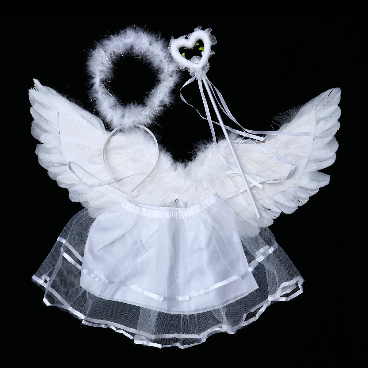 

4pcs Angel Wings Set Girls Costume Party Performance Tutu Skirt Hair Hoop Wand Holiday Gift Festival Accessories