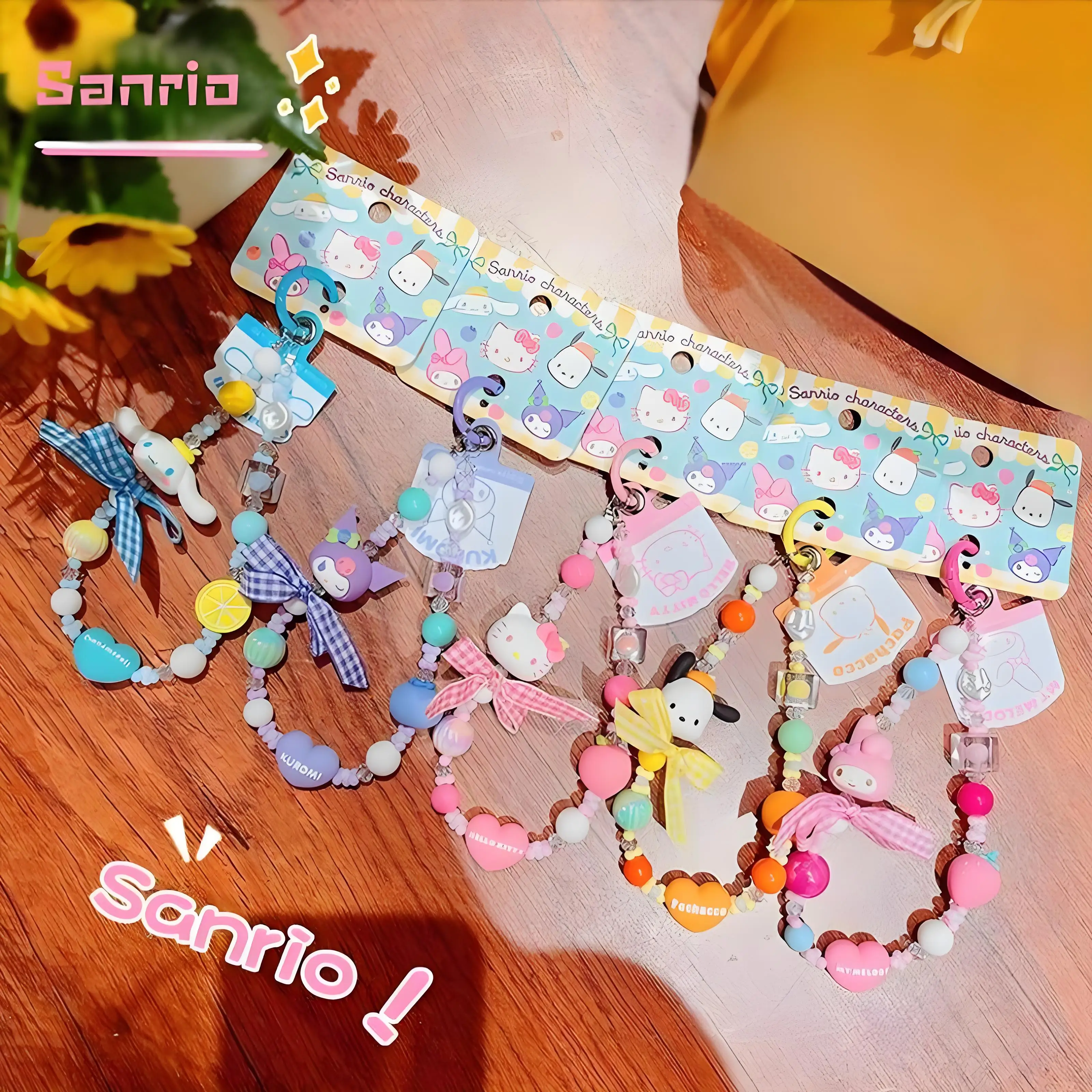 

Sanrio Official Kawaii Fruit Bead Accessories Keychain Hello Kitty Pochacco Lanyard Keychain Bag Charms with Pearl Chain