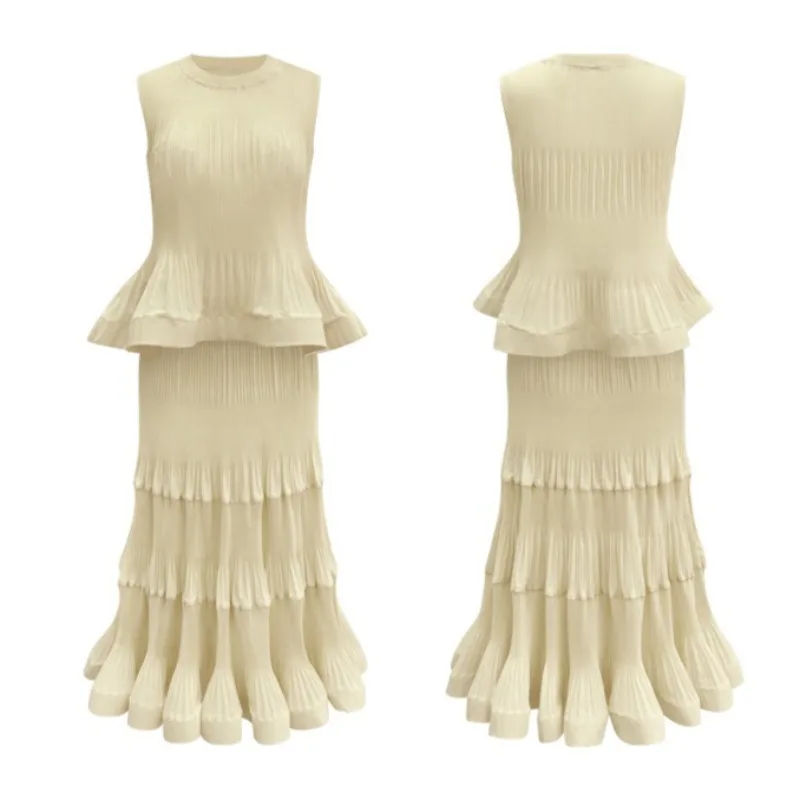  Pleated T-Shirt Top 2026 Summer New Ruffled Sleeveless Vest Simple Elegant Fashion Cake Skirt Elegant Women Travel Outfit