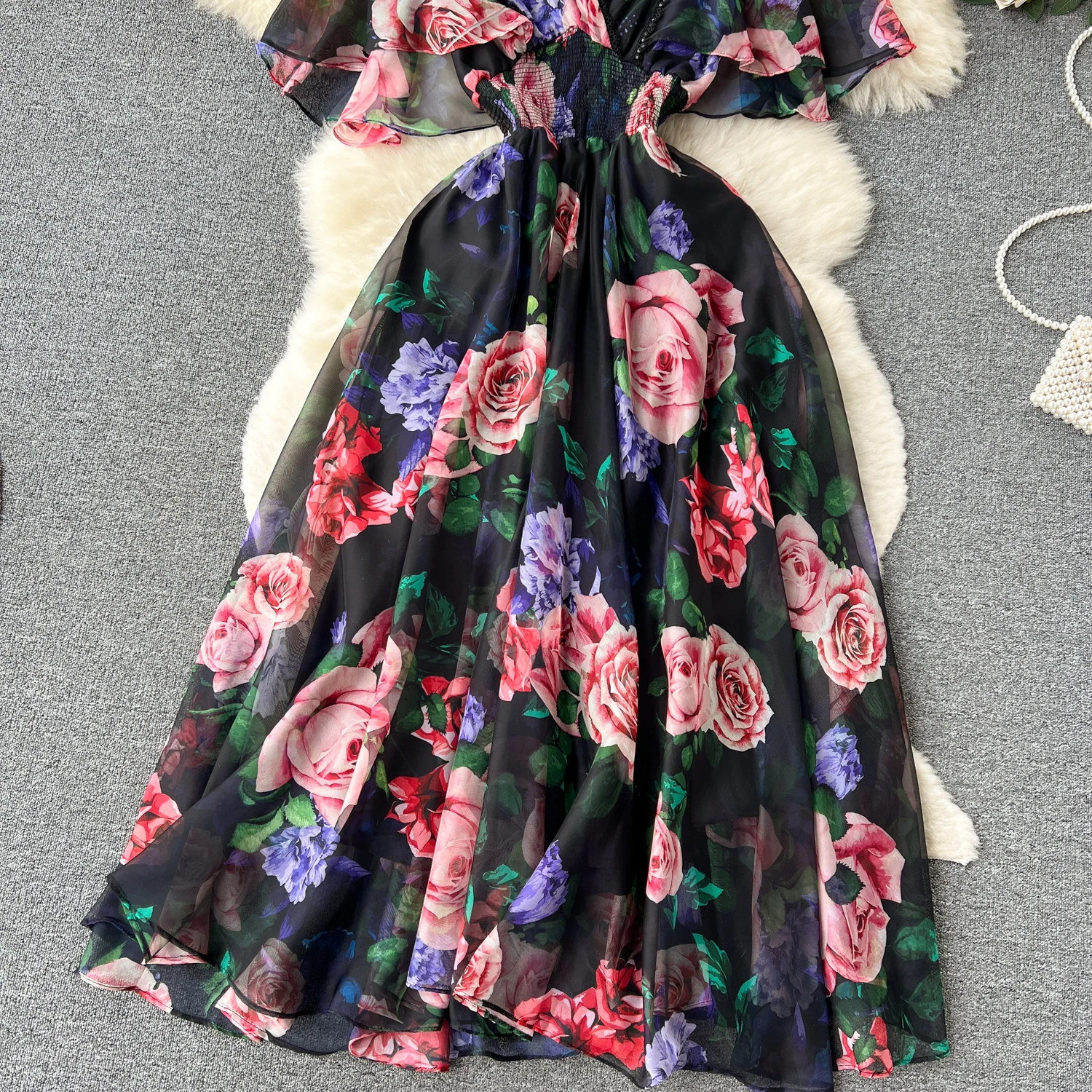 Gonna da fata a trapezio a vita alta con stampa V-Ne estiva in chiffon Dr da donna che impara la vita in garza snellente ort Sve