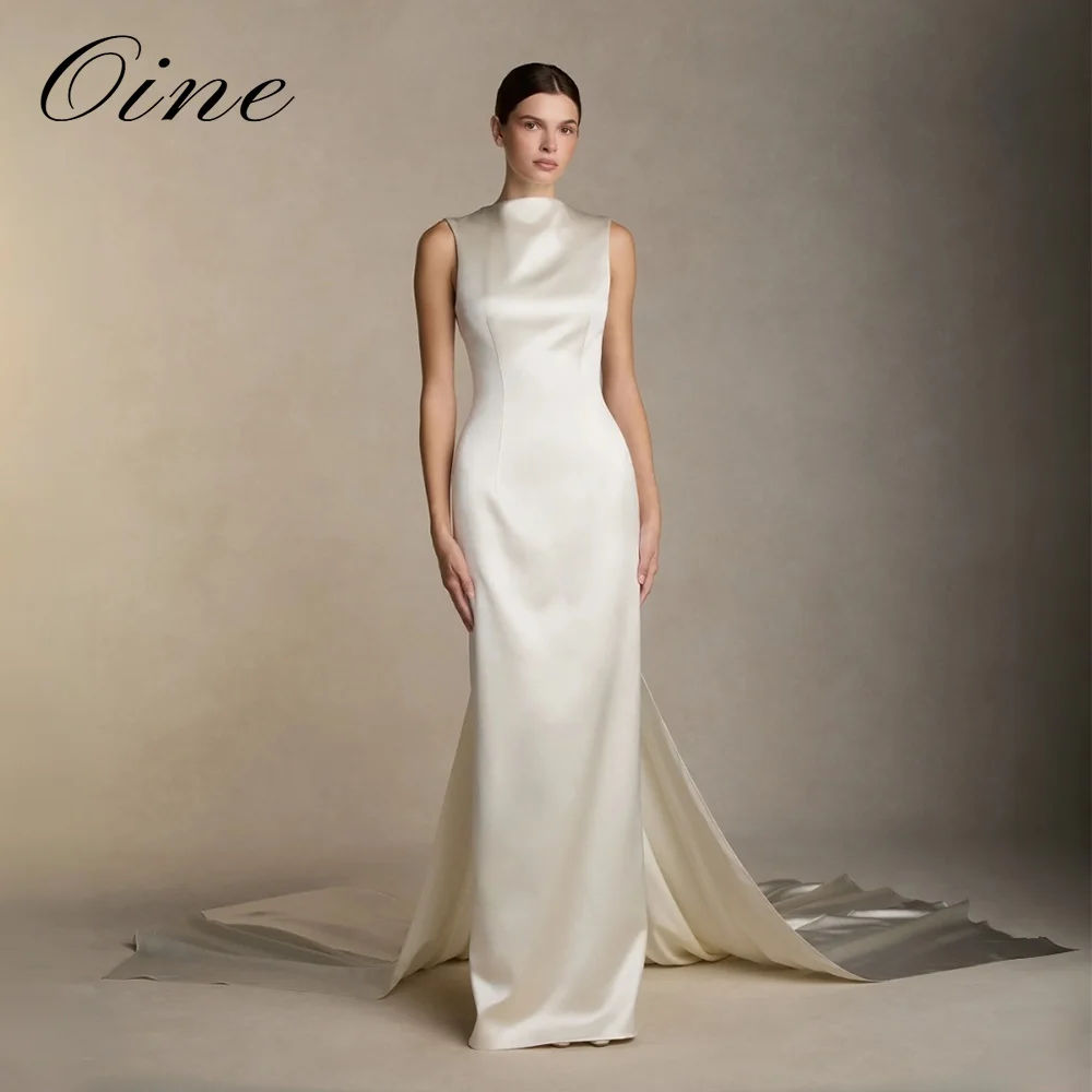 Oine Simple High Collar Sleeveless Satin Wedding Dress with Detachable Train V Backless Sheath Bridal Gown Reception Customized