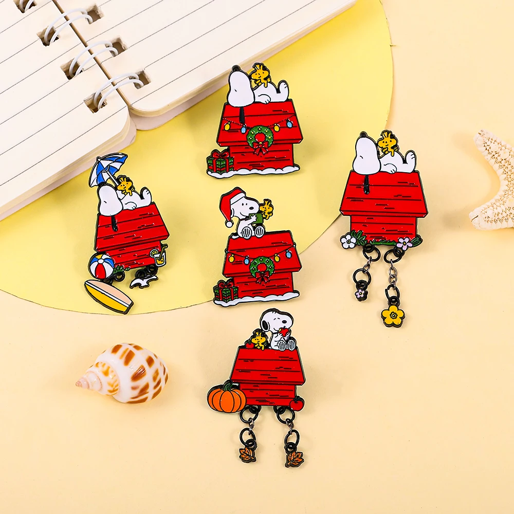 Cute Playful Puppy Red House Enamel Brooch Christmas Series Hat Clothing Badge Brooch Decoration