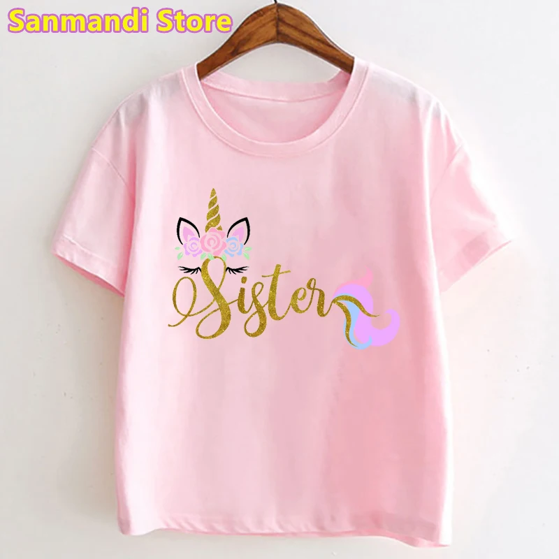 

New Unicorn Sister Graphic Print Tshirt for Girls Pink Kids Clothes Cute Summer Tops Tee Shirt Toddler 3-13 Years Harajuku Shirt