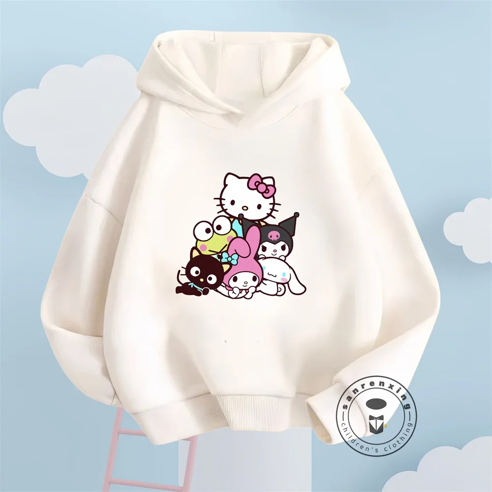 Cheerful Hello Kitty Fashion Hoodies Featuring Solid Colors Vibrant Kawaii Graphics Sanrio Autumn and Winter Tops for Children