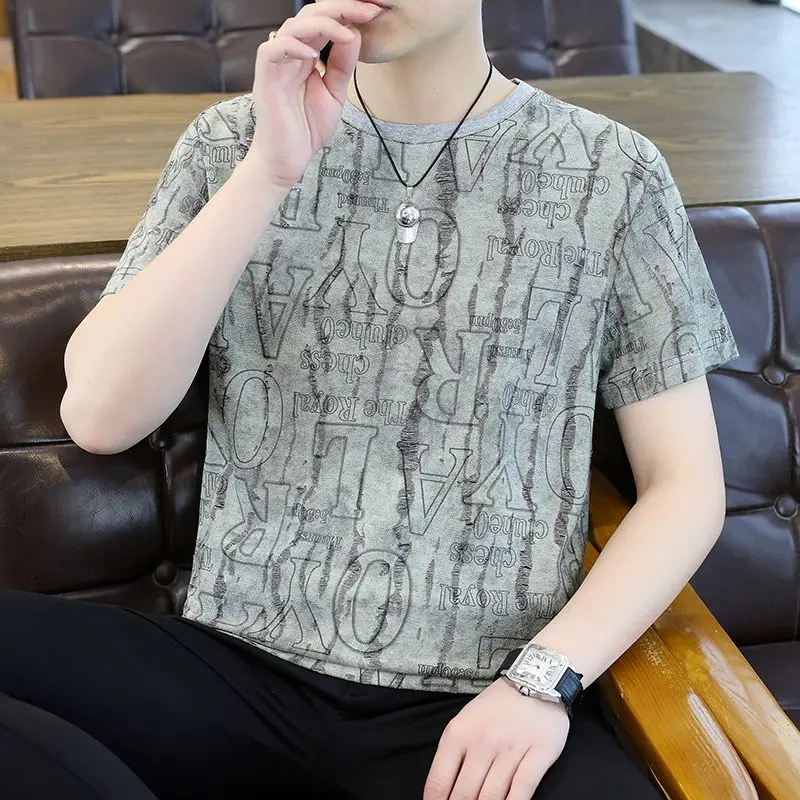 Men's Korean Style Summer New Arrival Trendy Short Sleeve Round Neck Sequins Ripped T-shirt for Teen Students​