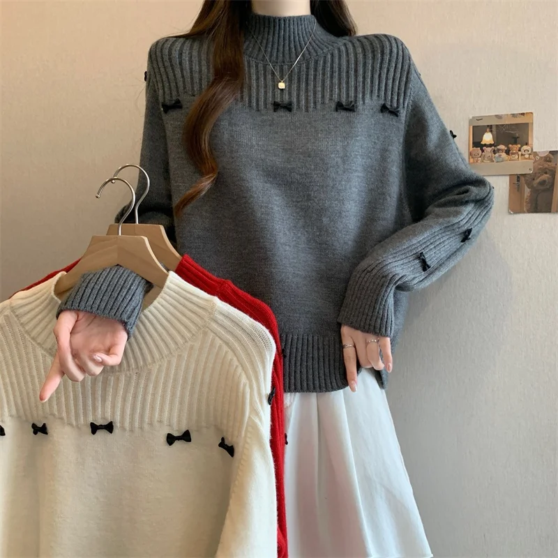 

Женский вязаный свитер, новинка 2024, осень-зима, большой размер f, высокий воротник, бант, теплый модный длинный топ све