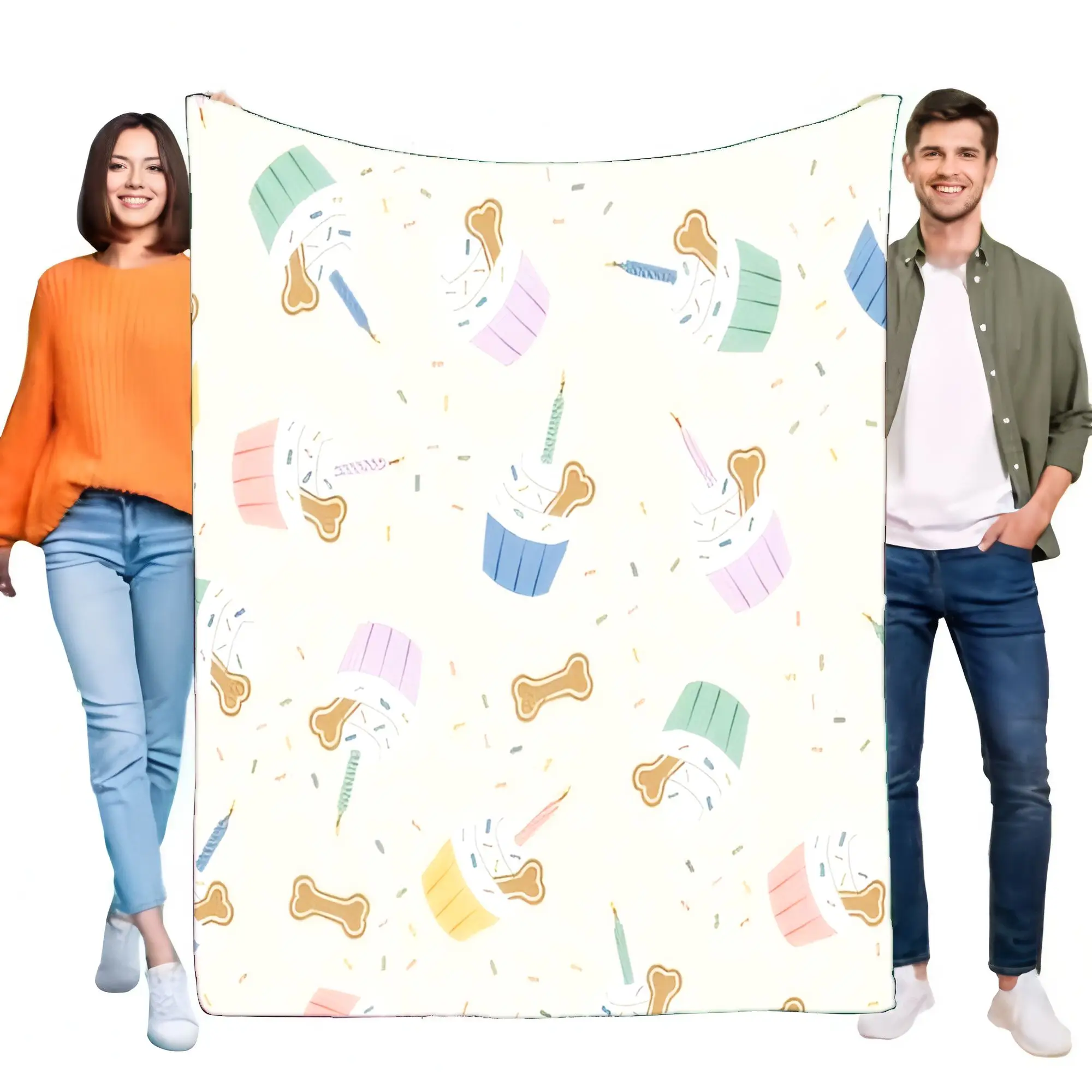 Cute Cupcake Pattern Blanket for Cozy Comfort, Large Cream Color Throw with Festive Dog Bone and Confetti Design, Soft Lightweig