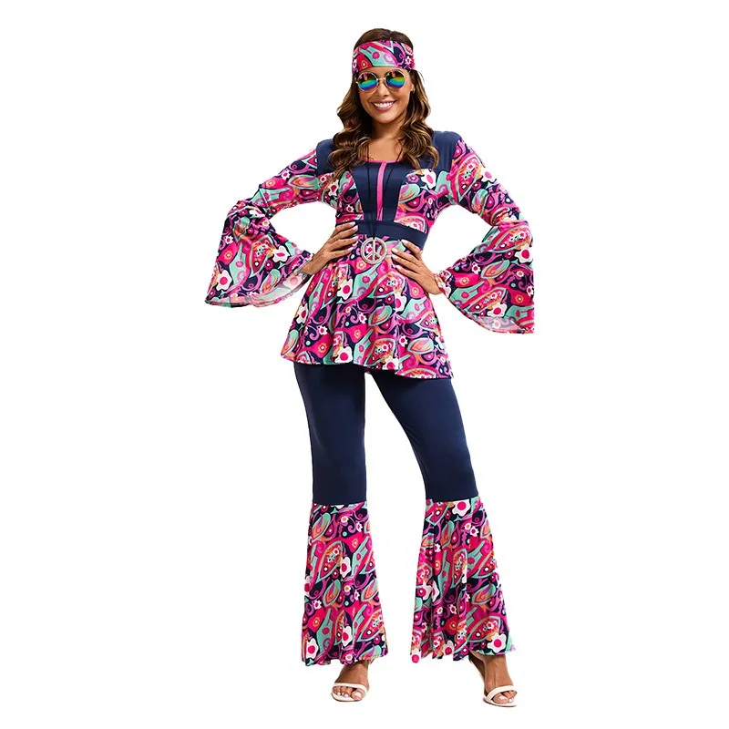 Carnival Cosplay Costume Couple Retro 70S Top Pants Two Piece Set Holiday Theme Party Role Playing Outfits for Adult Women Men - view 4