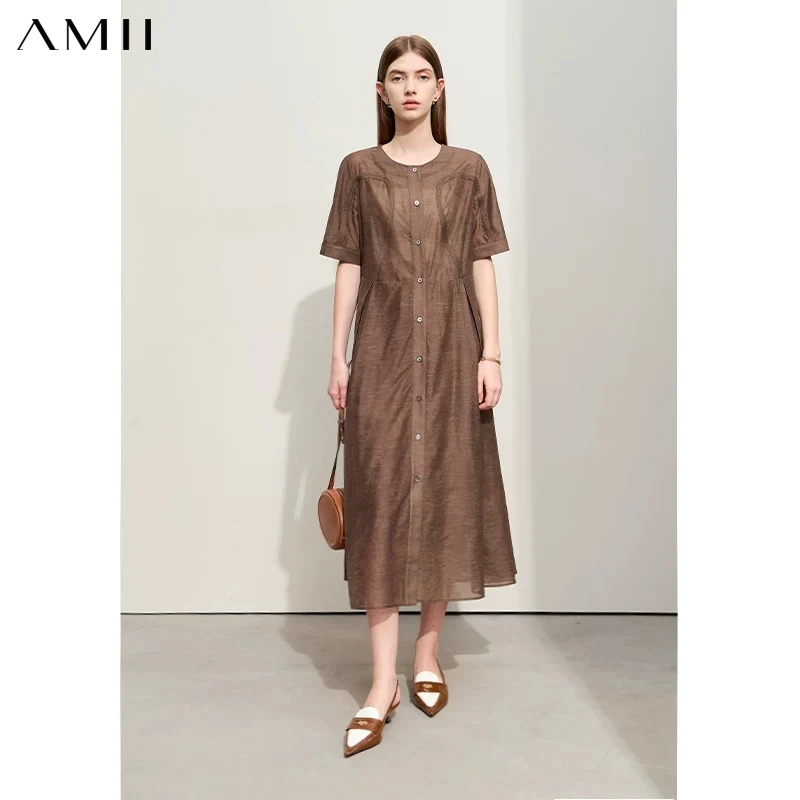 Amii Minimalism 2026 Summer New Dresses For Women Elegant Thin Section Jacquard With Belt Straight Long Dress Female 12422175