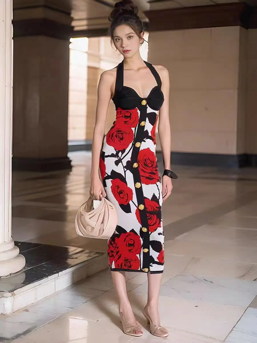 

High Quality Women Summer New Elegant Temperament Sexy Metal Buckle Printing Neck Mid-Length Knitted Party Dresses