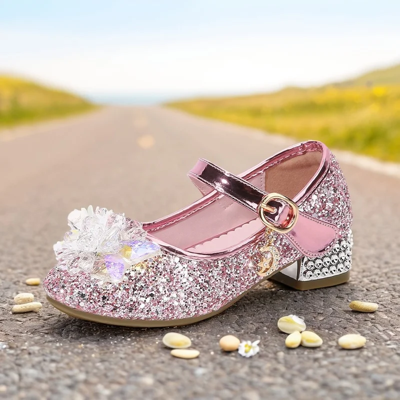 Purple High-heeled Shoes For Girls 2023 Children New Four Seasons Princess Shoes Kids Shoes Sequins Students Dance Performance