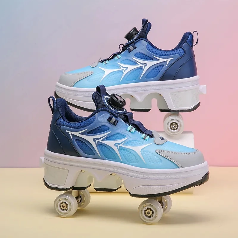 Four-Wheel Deformation Roller Skates Shoes Double-Row Parkour Sports Roller Shoes Girls Boys Roller Skates Unisex Kids Sneakers