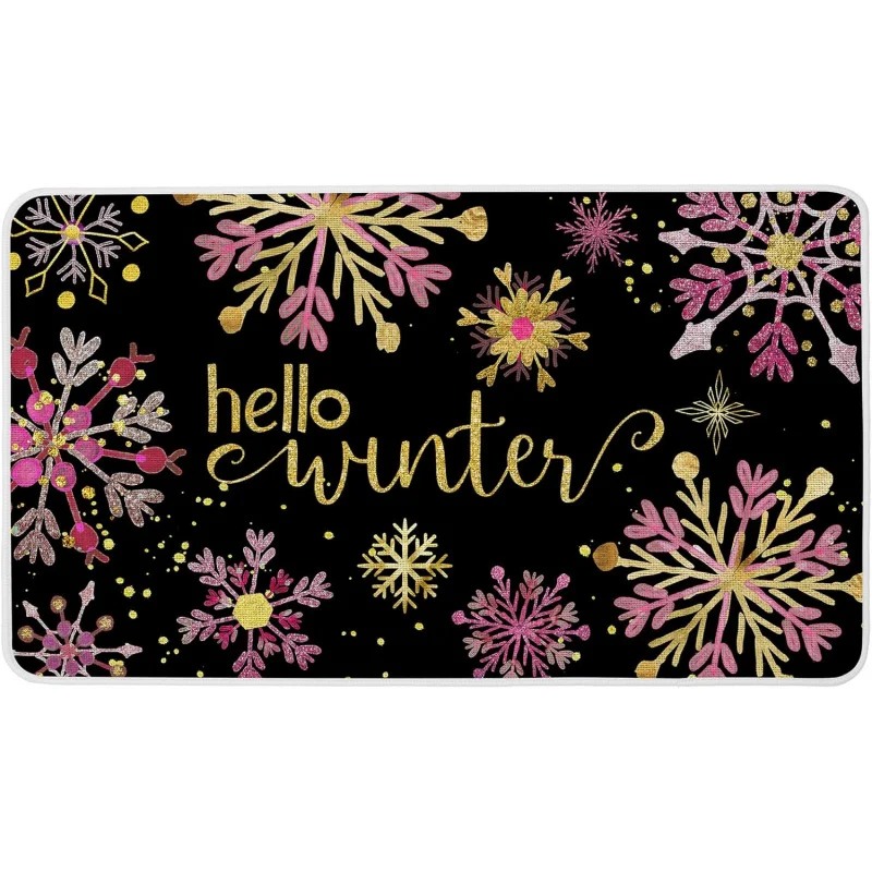 2025 New Year Winter Snowflake Door Mat Gold Pink Christmas Indoor and Outdoor Mat Decoration 61X90cm