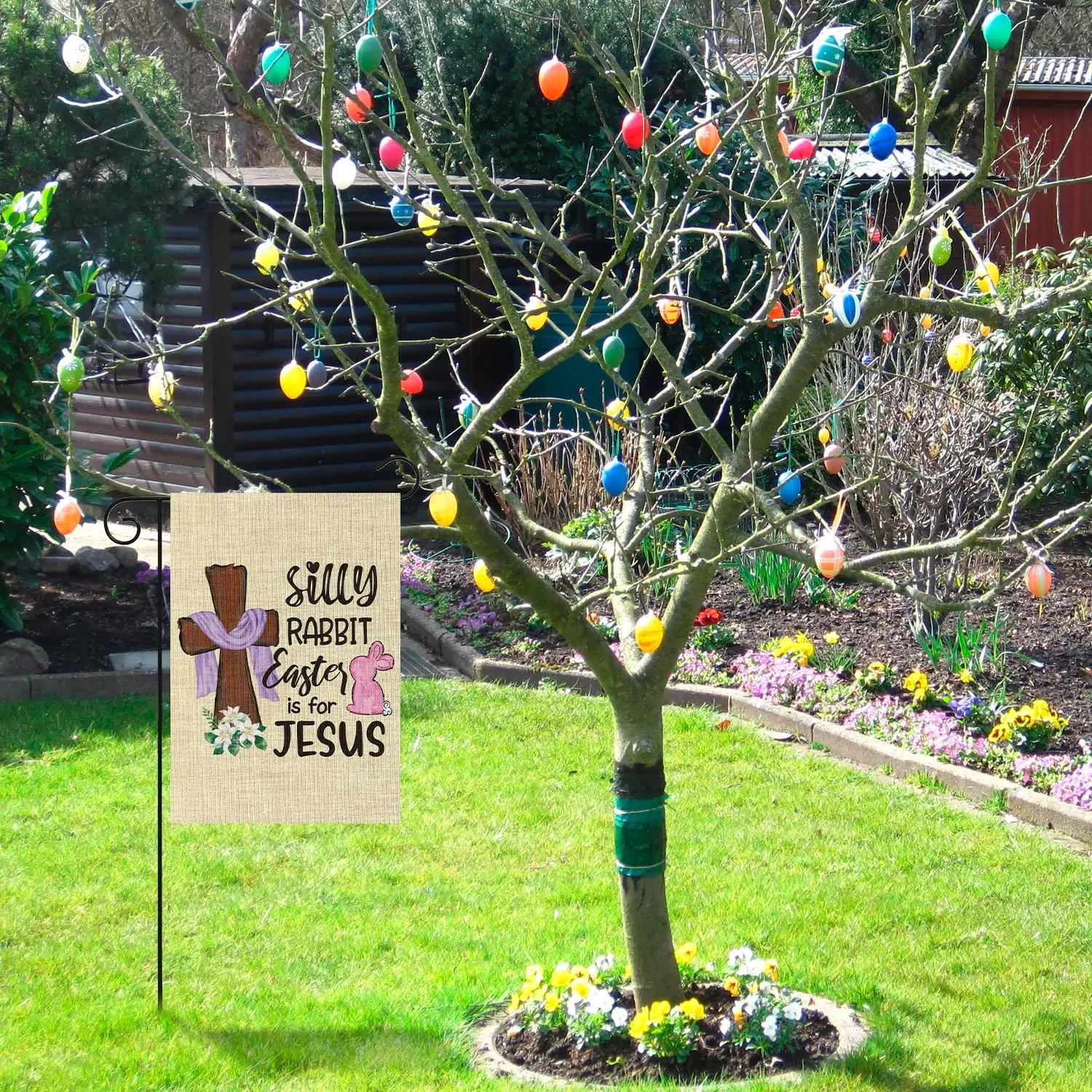 WATINC Silly Rabbit Easter is for Jesus Burlap Garden Flag, Easter Christian Cross Lily Flower Bunny Holiday Farmhouse Yard  yyi