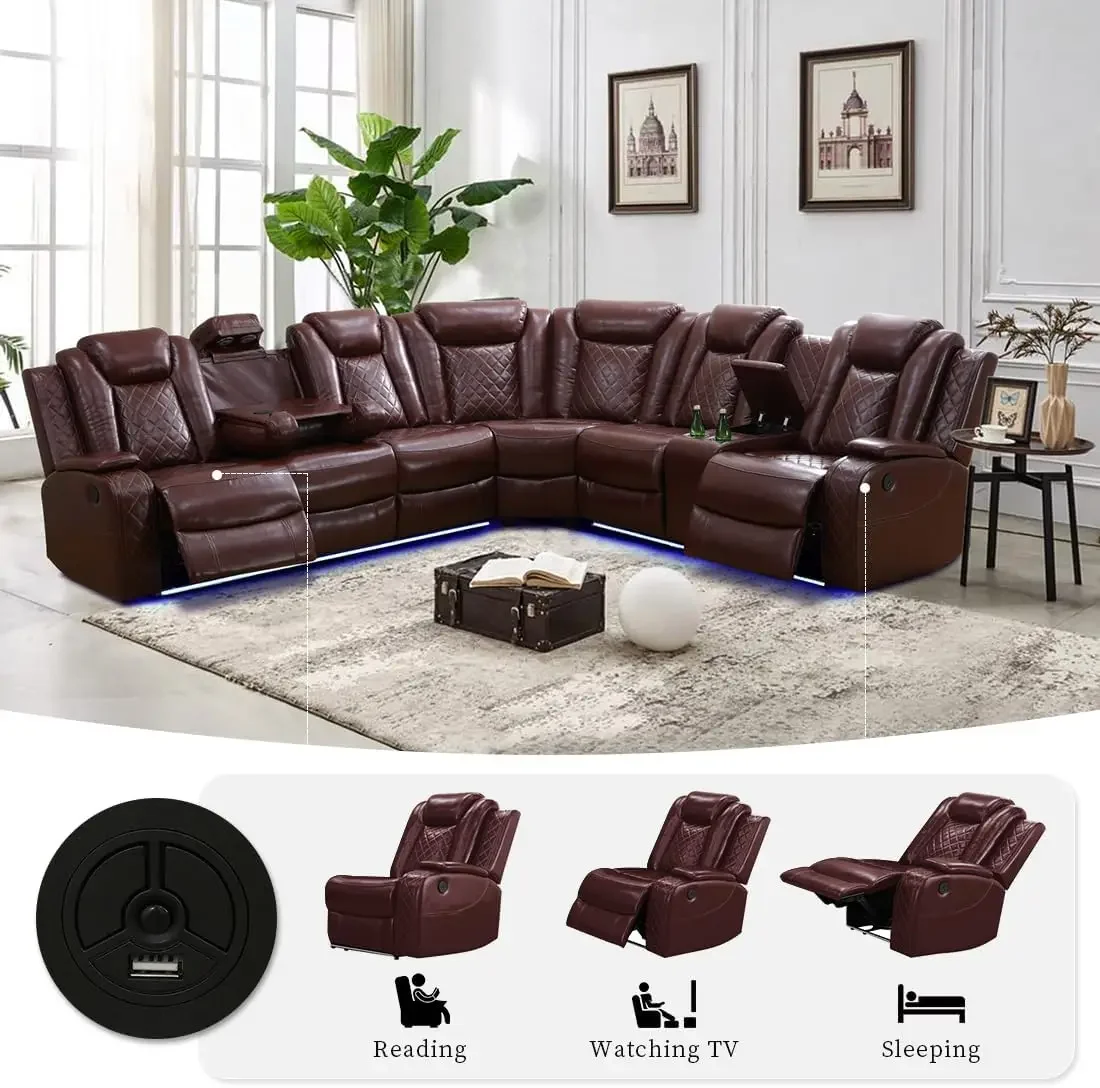 Living Room Set Brown L-shaped Leather Sofa Living Room Furniture Set Power Recliner Adjustable Sofa