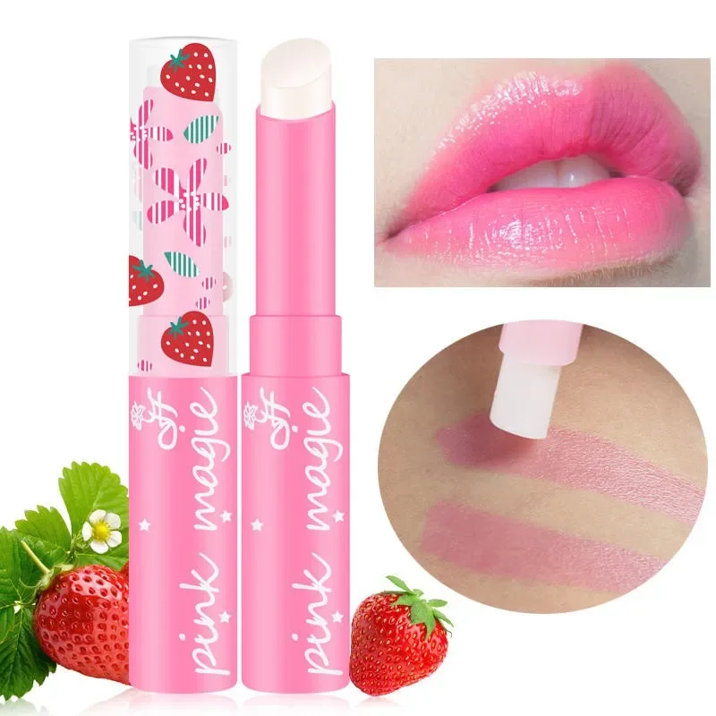 1Pcs Strawberry Lip Balm Temperature Color Changing Pink Lipstick Moisturizing Lip Glaze Nutritious Lip Balm Tint Makeup