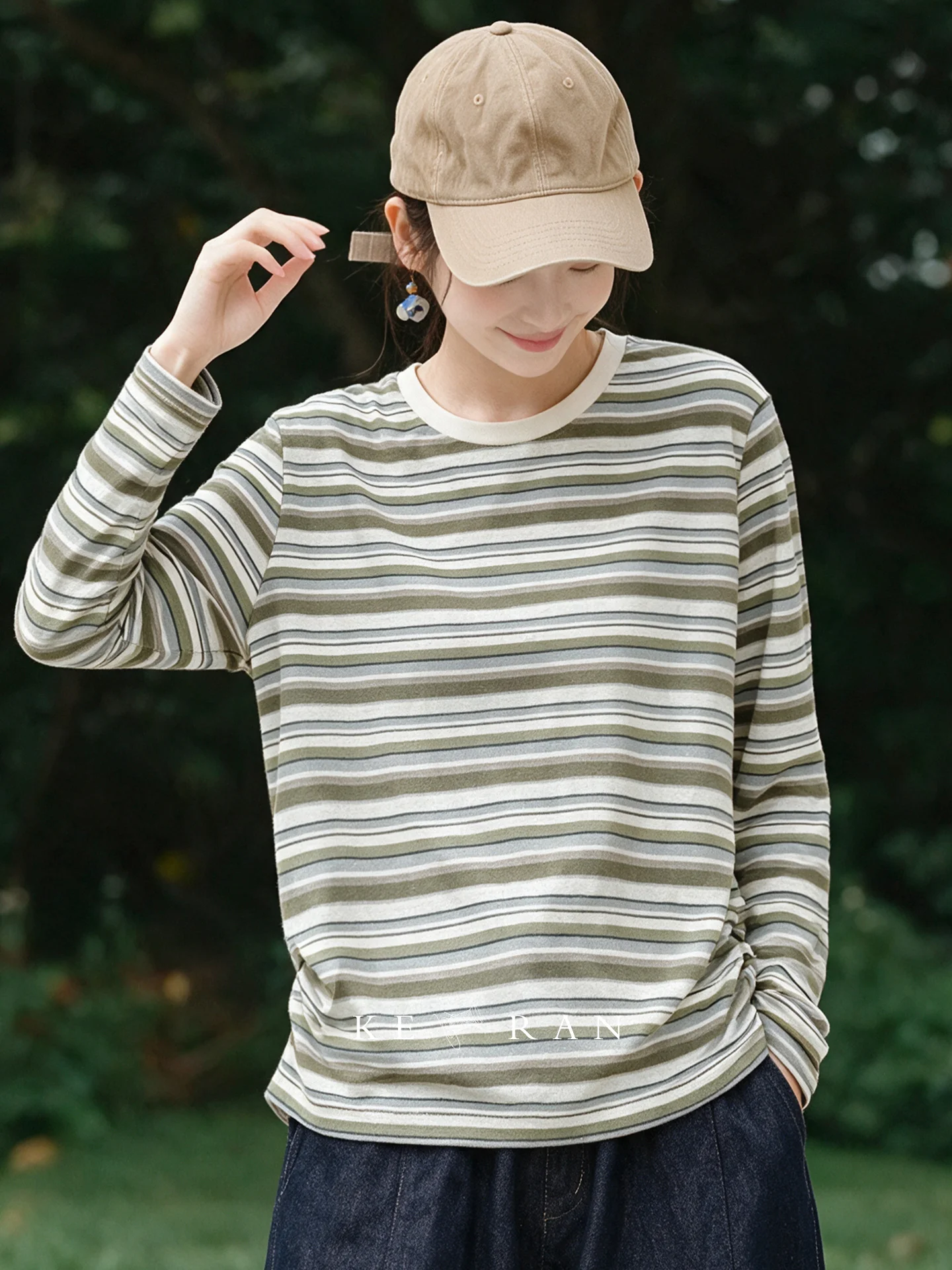 180G Combed Long Velvet Cotton Striped Long Sleeve T-Shirt Women's Base Shirt Top Casual Loose Fit round Neck Regular Length