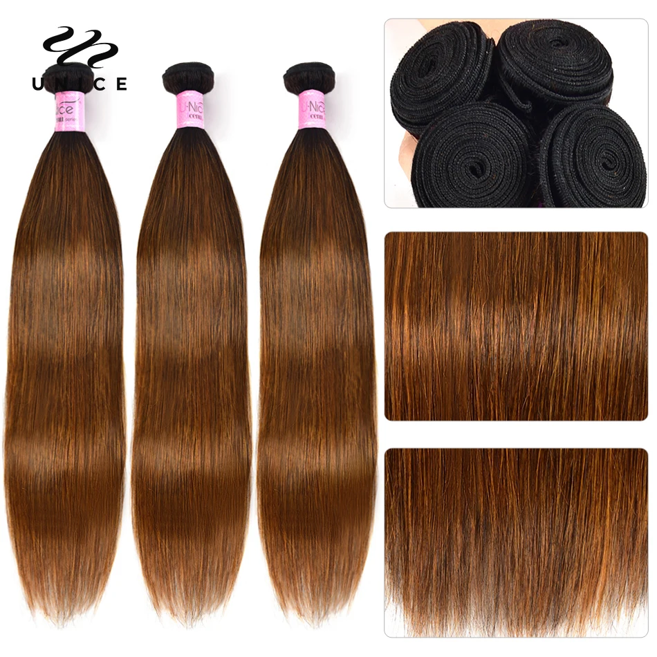 Unice Bruine Balayage Steil Mensenhaar Bundels 3Pcs Deal 100% Human Hair Extensions Pre Gekleurd Menselijk Haar Naaien In Weefsels