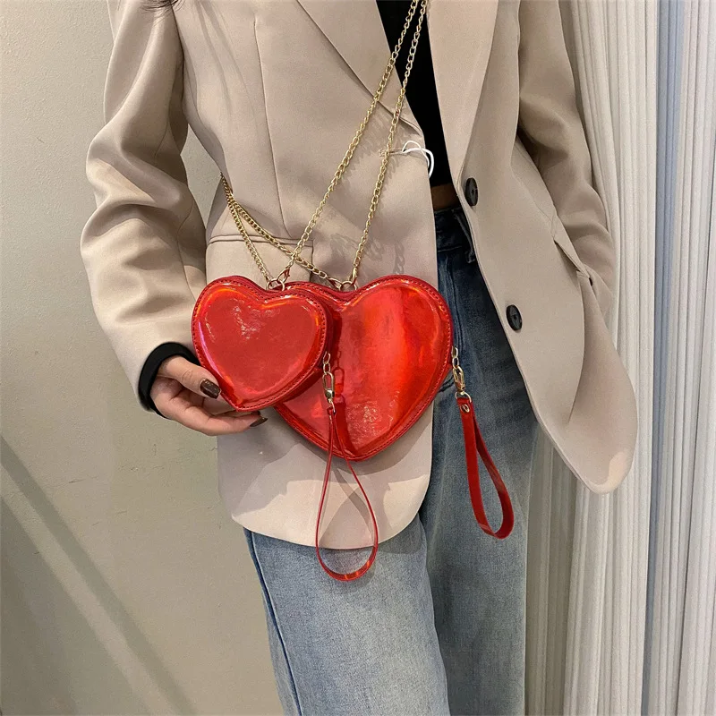 Cute Reflective Heart Shaped Chain Shoulder Bag for Women Kawaii Purses and Handbags Young Girls Small Crossbody Bag Clutch Bag