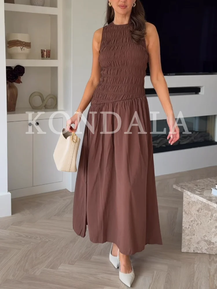 KONDALA Damen Freizeitkleid in Braun, Elegantes Plissiertes Stretch-Oberteil, Langes Kleid mit Einsätzen, Neu 2026 Frühling Sommer Trendiges Schlichtes Kleid