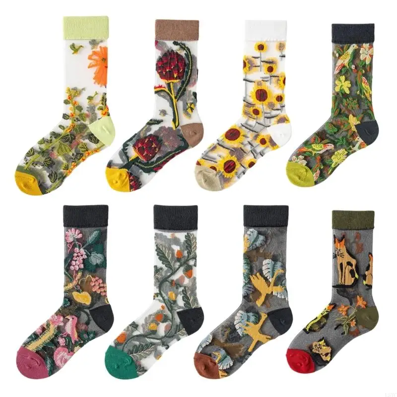 

L5YC Spring Summer Ankle Socks With Flower Jacquard Sheer Socks For Ladies Girl
