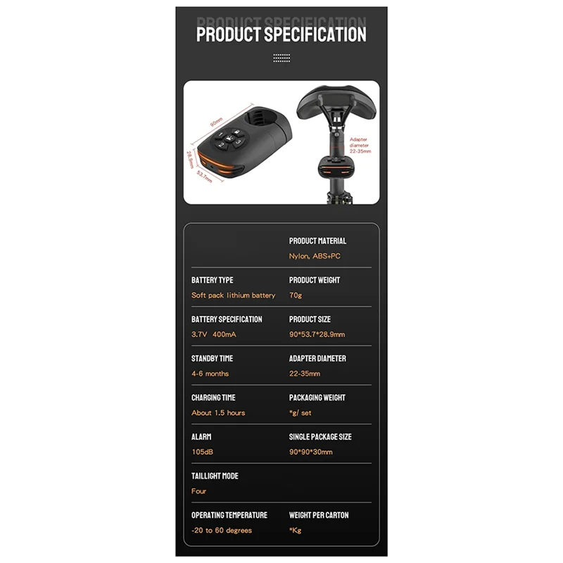 A25P Fahrrad Rücklicht Fahrrad Anti-Diebstahl Alarm Rücklicht 3 In 1 IP65 Wasserdicht One Touch Arming Nacht