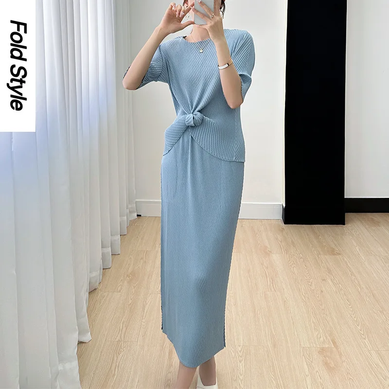 Miyake 2024 Short Sleeve Set Women's Summer New Lazy Style Straight Tube Solid Color Drop Comfortable Pleated Half Dress