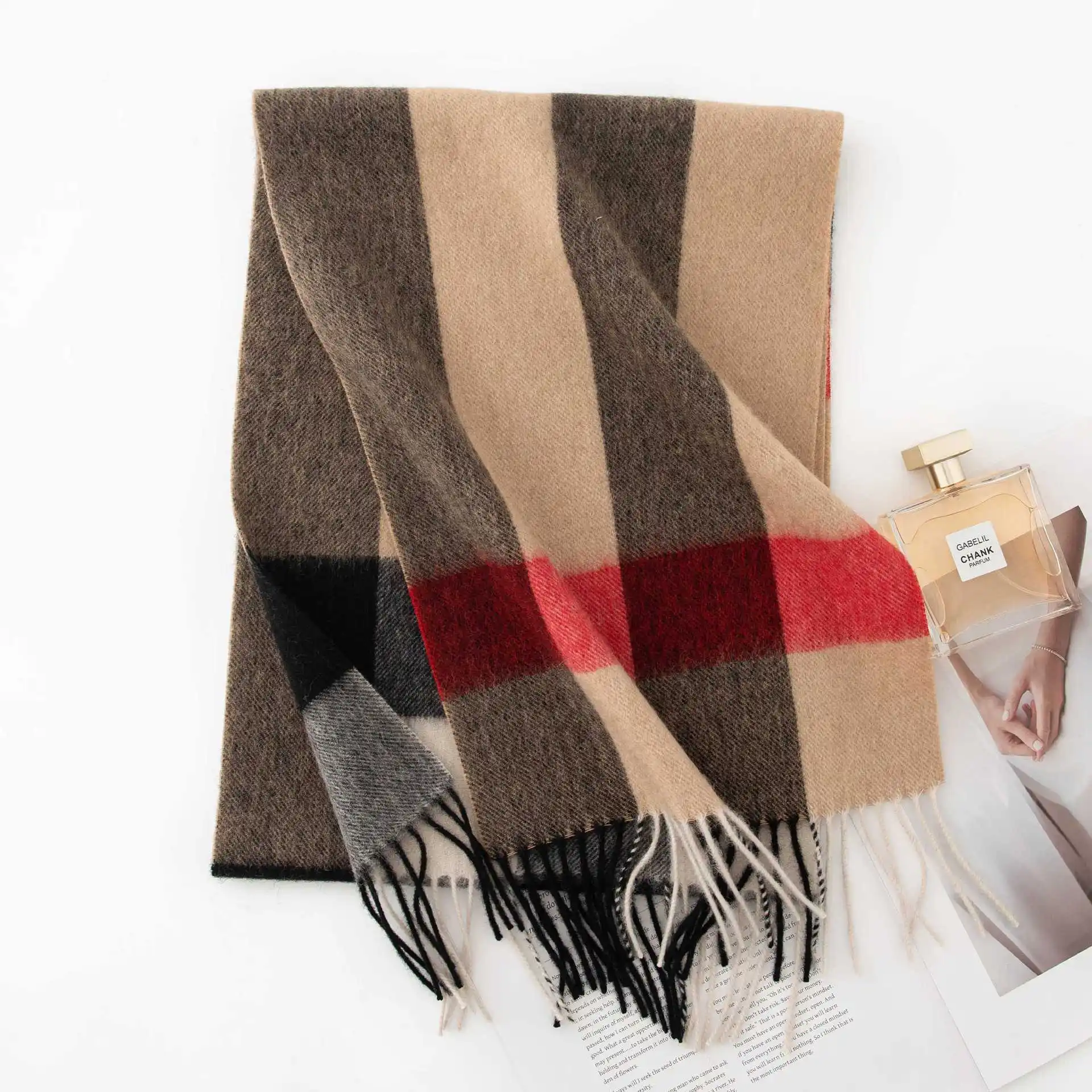 100% Wool Plaid Scarf for Women, Thickened Fall Winter Warm Wrap, Versatile Cozy Pashmina Shawl, Soft Comfortable Neck Warmer