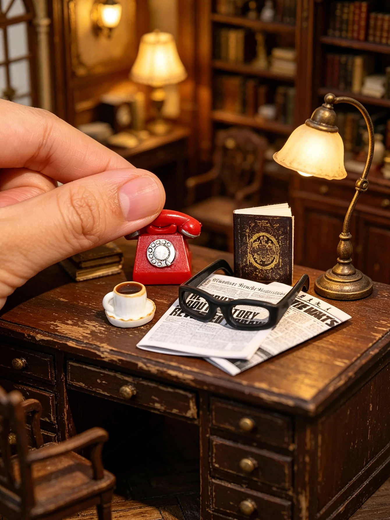 A Miniature Vintage Desktop Ornament, Miniature Telephone, Miniature Glasses, 1/6, 1/12 Dollhouse Dollhouse Accessories, Dollhouse Decoration, Model House Accessories, Photography Props, Miniature Landscape Ornaments, Miniatures Decoration, Small Gifts, Giveaways, Home Decor Items