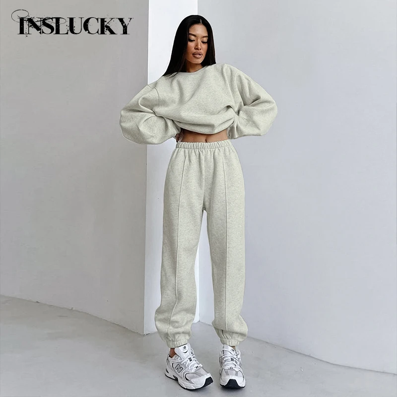 InsLucky Casual Sports Daily Suit Women O Neck Long Sleeve Crop Top And High Sleeve Sweatpants Solid Gray Two Piece Set Autumn